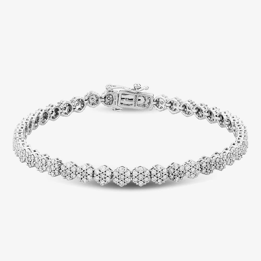 T.H.Baker T.H.Baker Women's 9ct White Gold 3.00ct Diamond Flower Cluster Tennis Bracelet TH0122523 in Silver