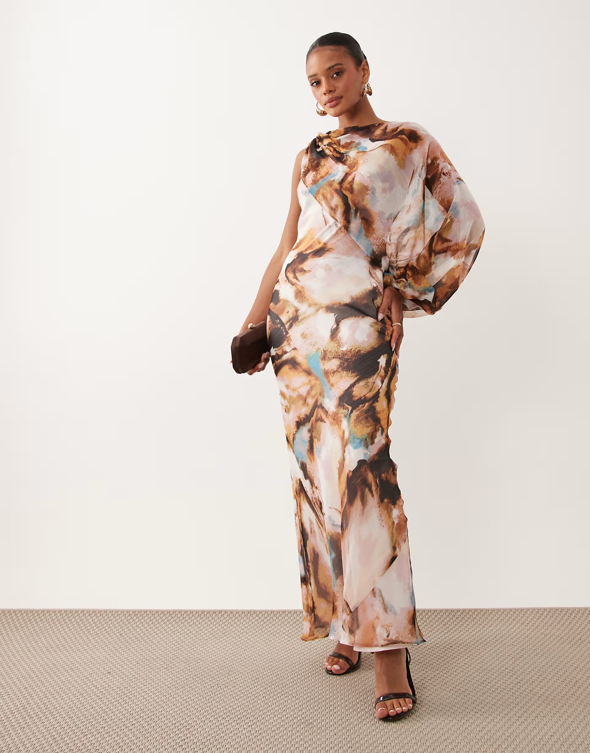 ASOS ASOS DESIGN draped one sleeve bias maxi dress in brown and blue abstract print