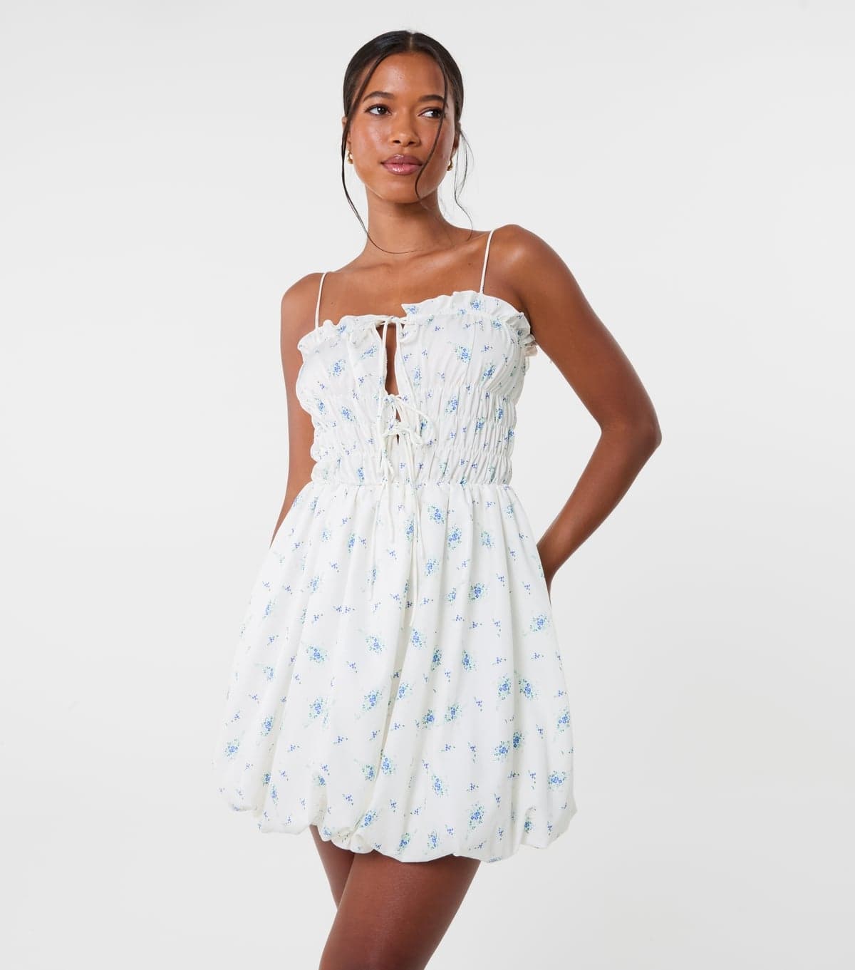 Pink Vanilla Women's White Floral Print Puffball Mini Dress Pink Vanilla New Look