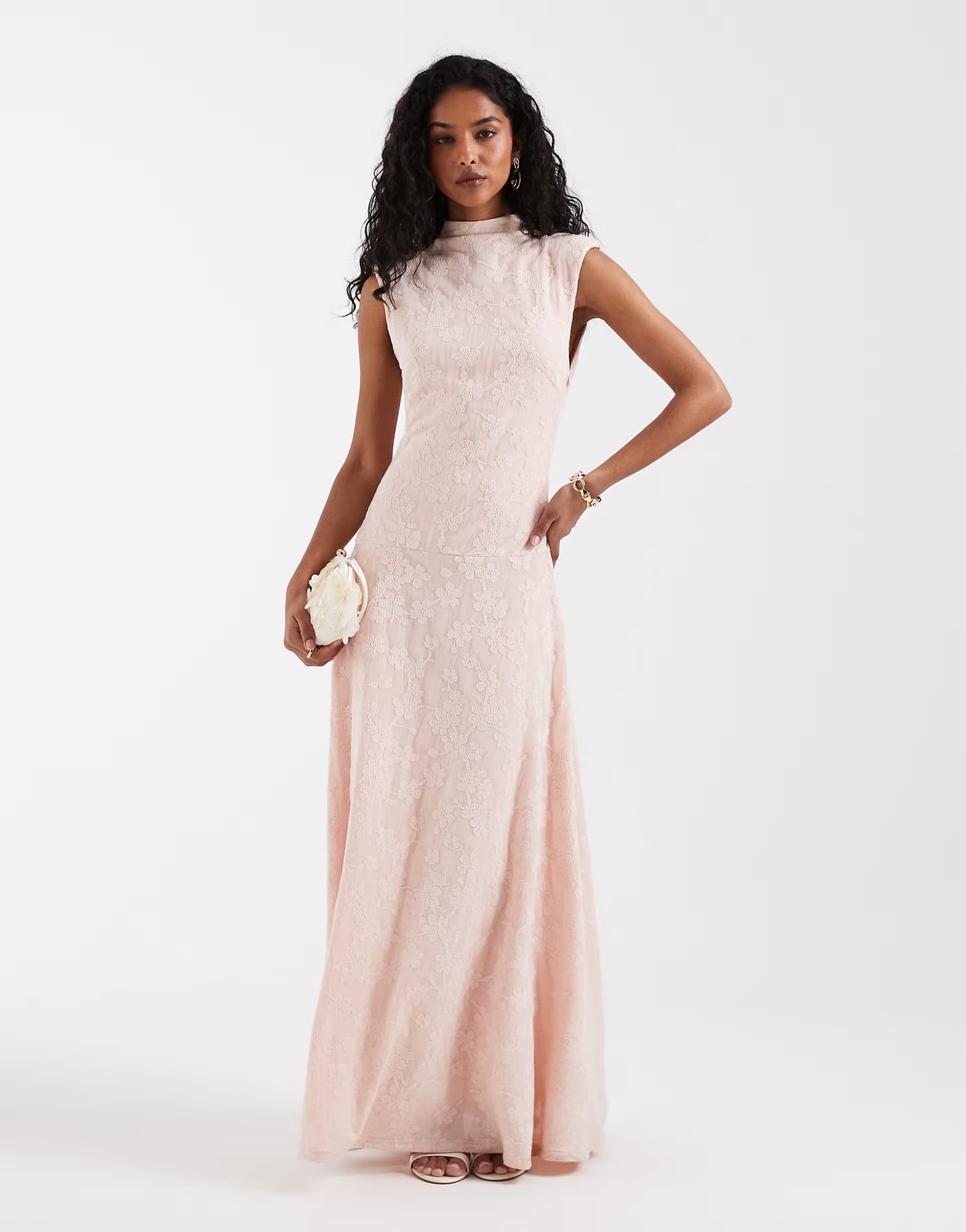 ASOS Pretty Lavish dropped waist high neck textured floral maxi dress in pink