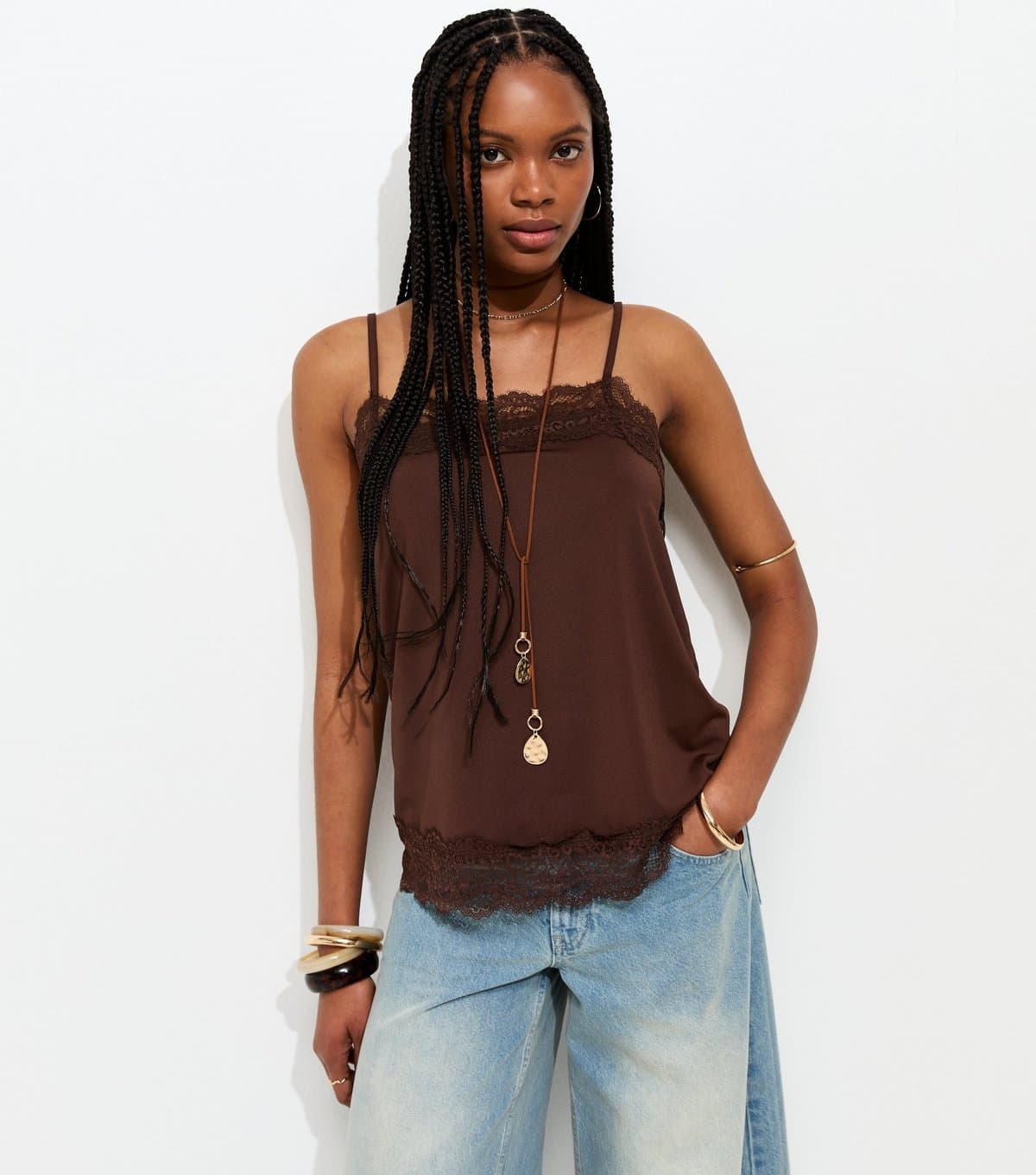 New Look Women's Dark Brown Longline Lace Trim Cami Top New Look