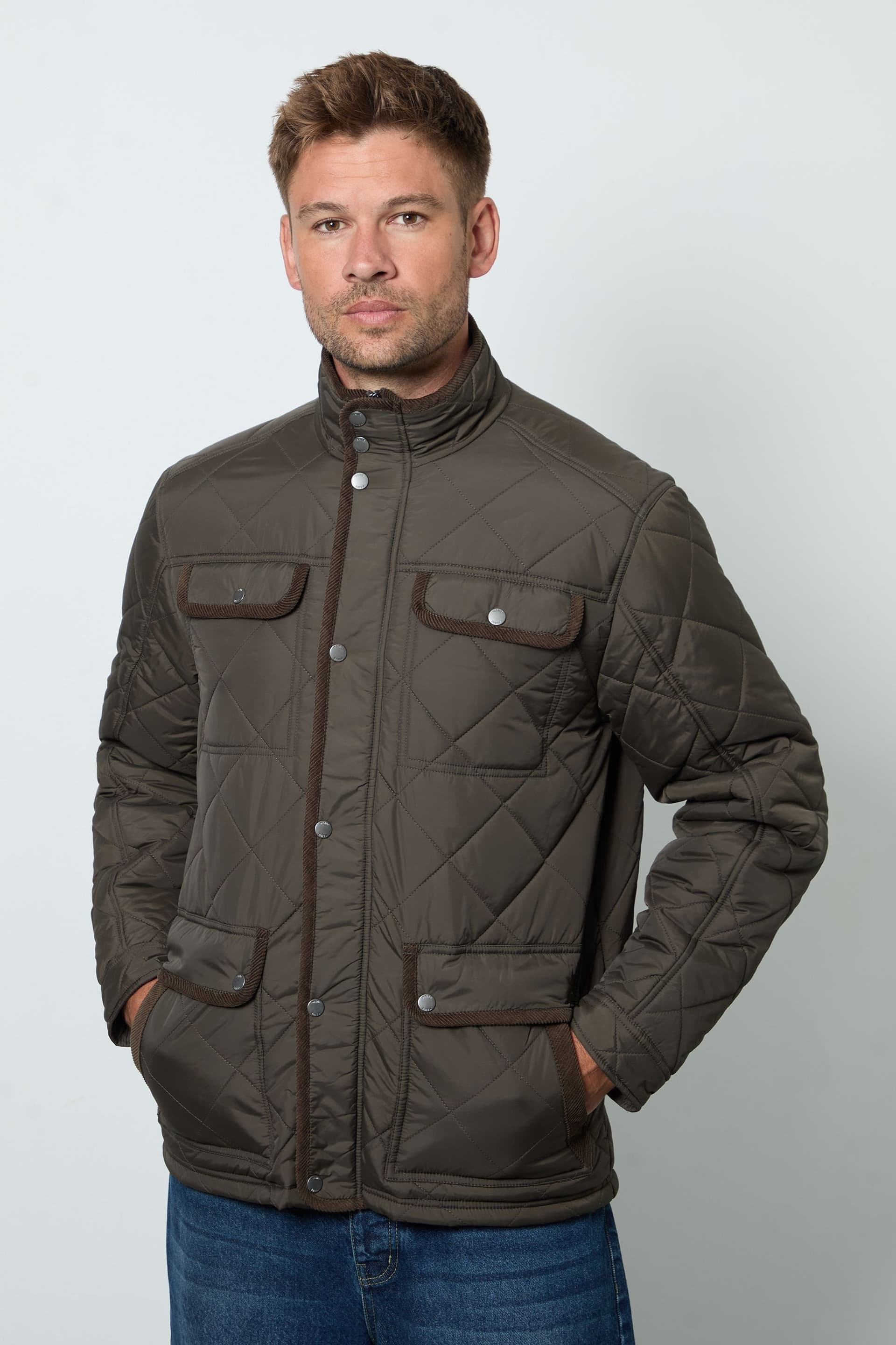 Maine Maine Men's Brown Funnel Neck Four Pocket Diamond Quilted Jacket