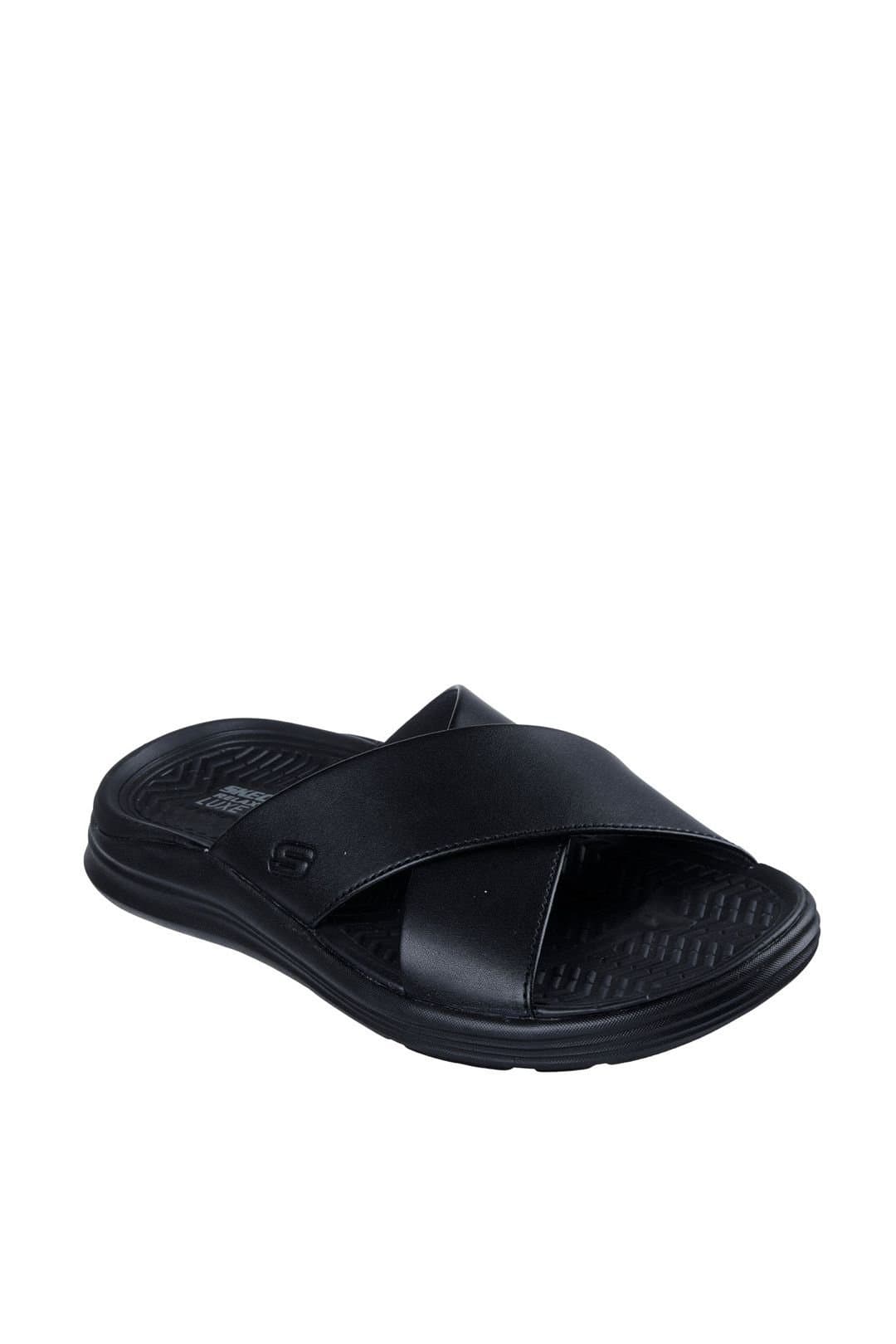 Skechers Skechers Men's Black Leather Crossed Strap Sandal