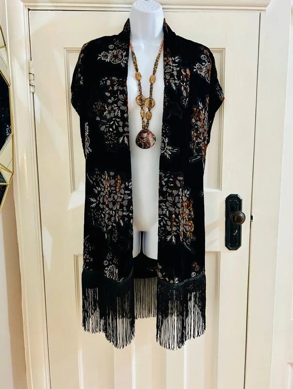 Topshop Kate moss burnout tassel velvet kimono festival hippie bohemian witchy gothic steampunk 8-10 - 1