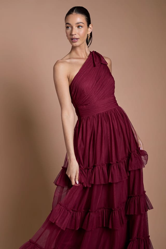 Oasis Oasis Women's Wine Pleated Mesh One Shoulder Tiered Maxi Bridesmaid Maxi Dress - 2