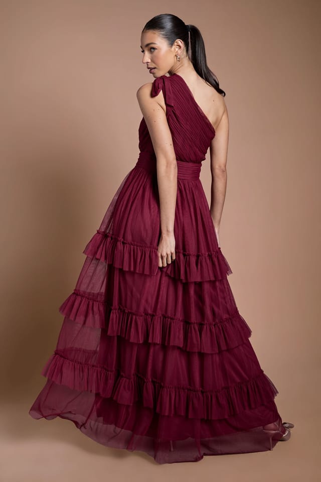 Oasis Oasis Women's Wine Pleated Mesh One Shoulder Tiered Maxi Bridesmaid Maxi Dress - 3