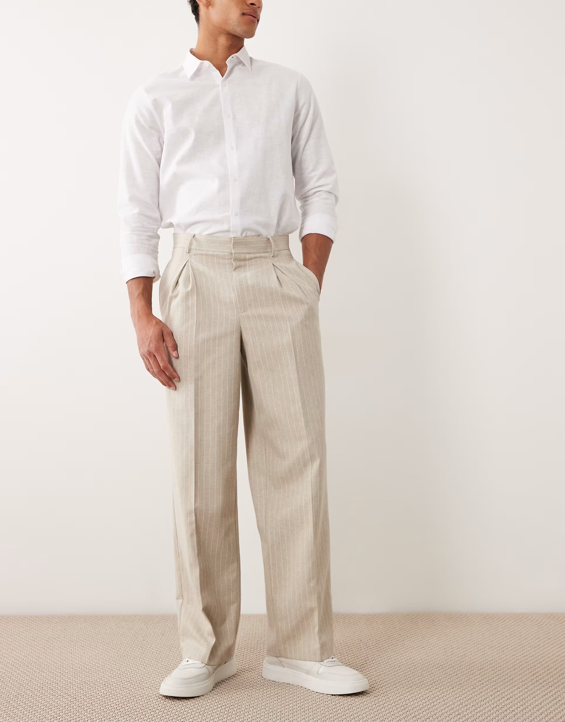 ASOS ASOS DESIGN linen smart pleated wide leg trousers in stone pinstripe