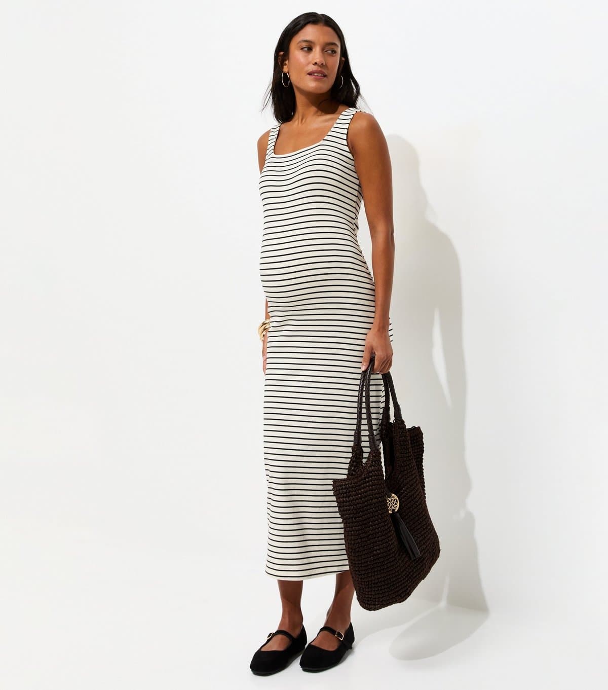 New Look Women's Maternity White Stripe Square Neck Neck Midi Dress New Look