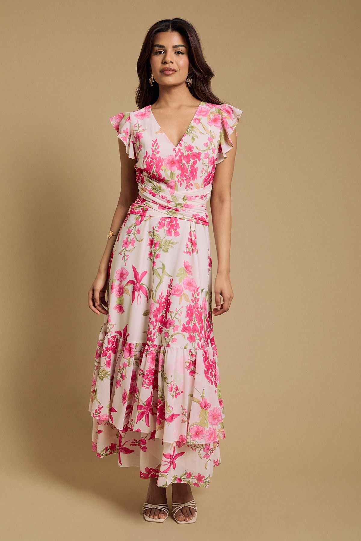 Oasis Oasis Women's Petite Printed Twist front Detail Tiered Midi Dress in Ivory