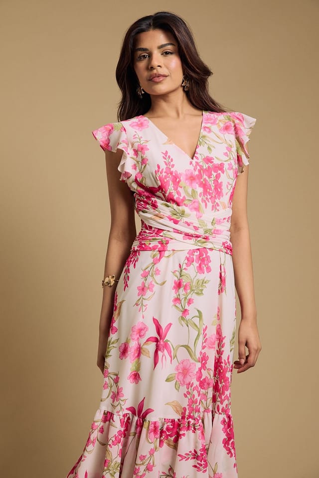 Oasis Oasis Women's Petite Printed Twist front Detail Tiered Midi Dress in Ivory - 2
