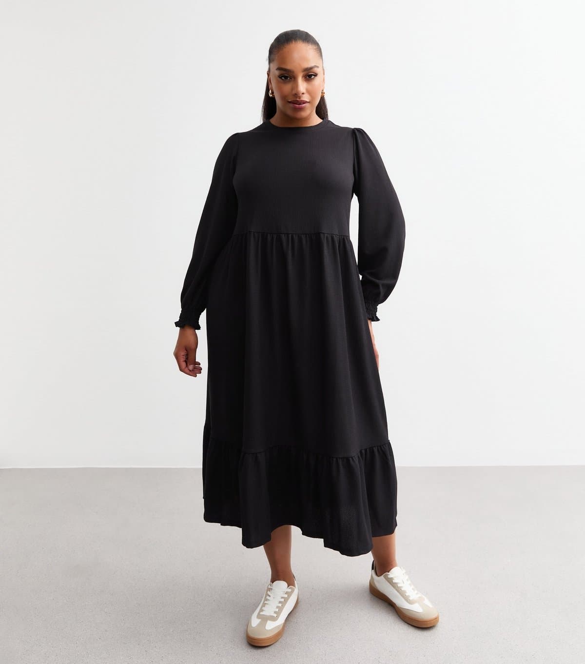 New Look Women's Plus Size Black Crinkled Midi Smock Dress Curves New Look