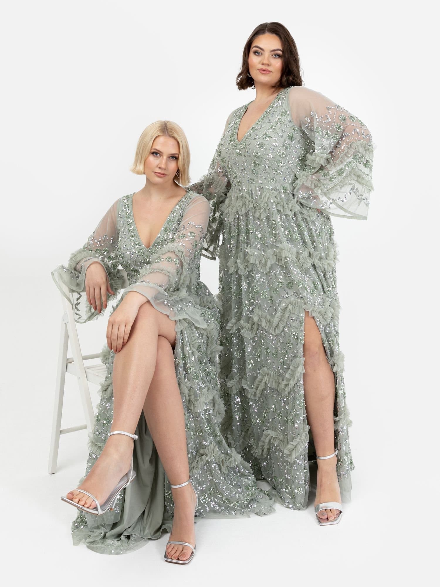 Maya Deluxe Maya Deluxe Women's Fully Embellished Maxi Dress With Frill Detail in Mint