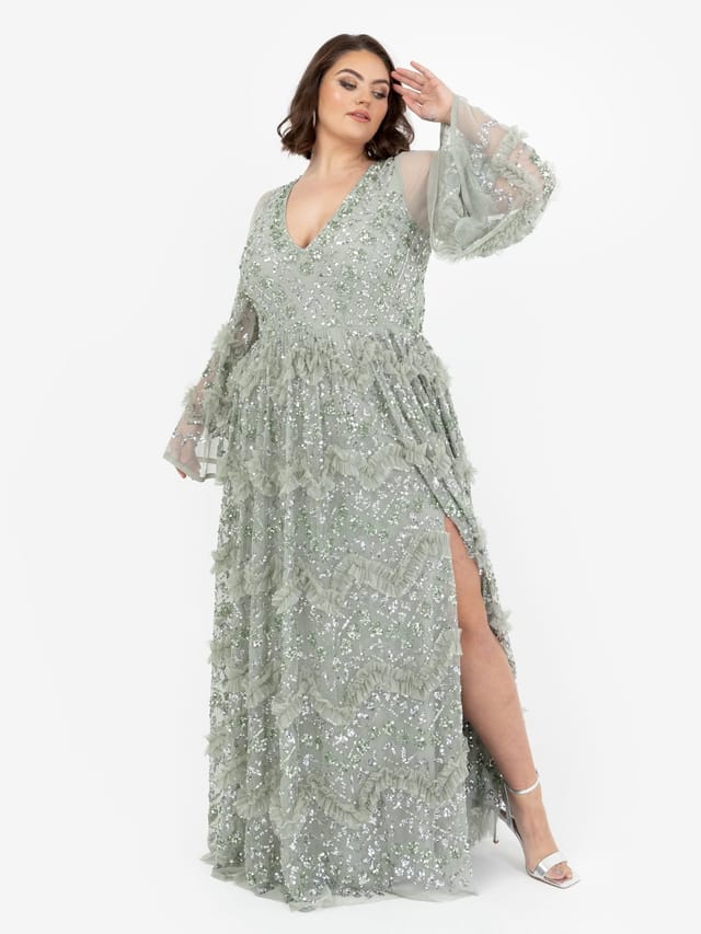 Maya Deluxe Maya Deluxe Women's Fully Embellished Maxi Dress With Frill Detail in Mint - 2