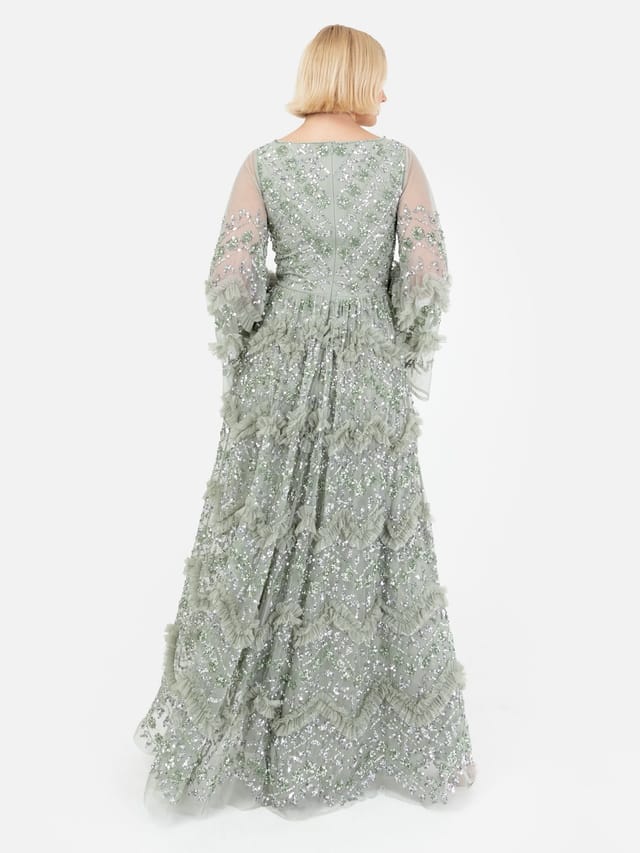 Maya Deluxe Maya Deluxe Women's Fully Embellished Maxi Dress With Frill Detail in Mint - 3