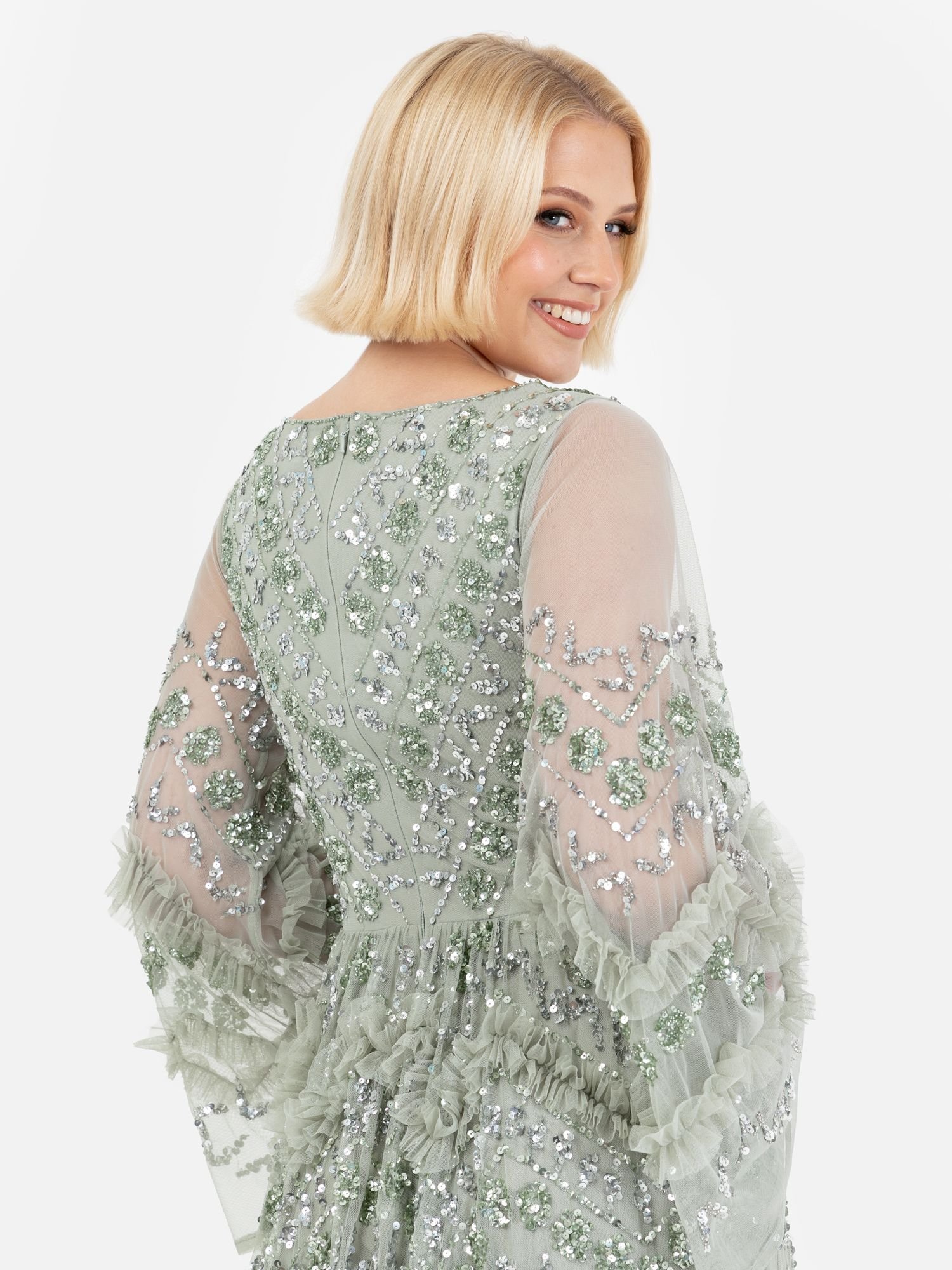 Maya Deluxe Maya Deluxe Women's Fully Embellished Maxi Dress With Frill Detail in Mint - 4