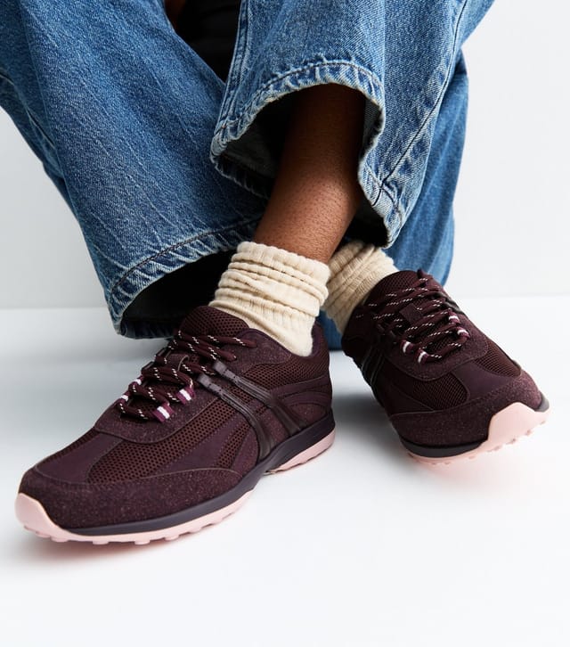 New Look Women's Dark Burgundy Mesh Panelled Lace Up Trainers Vegan New Look - 2