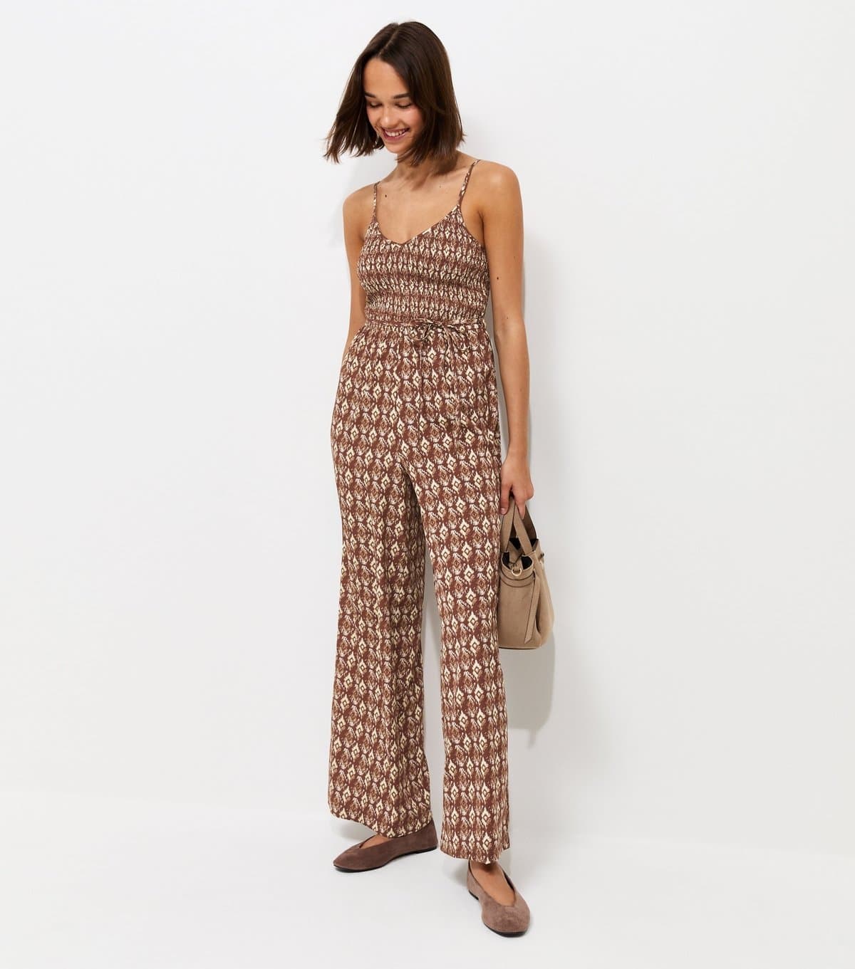 New Look Women's Brown Crepe Tile Print Shirred Wide Leg Jumpsuit New Look