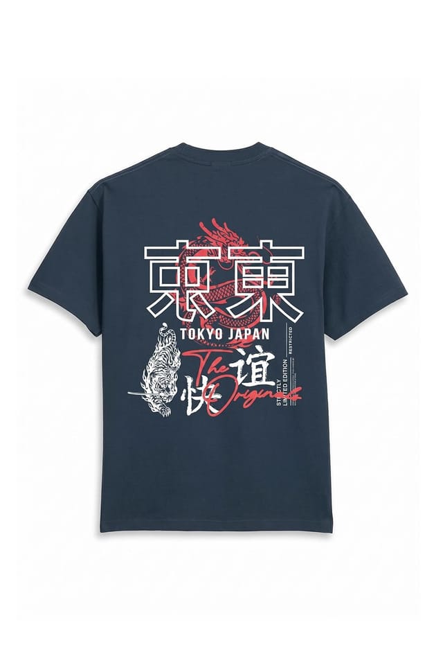 LONDON ATTITUDE LONDON ATTITUDE Men's Tokyo Dragon Oversized Heavyweight Cotton T-Shirt in Blue - 2