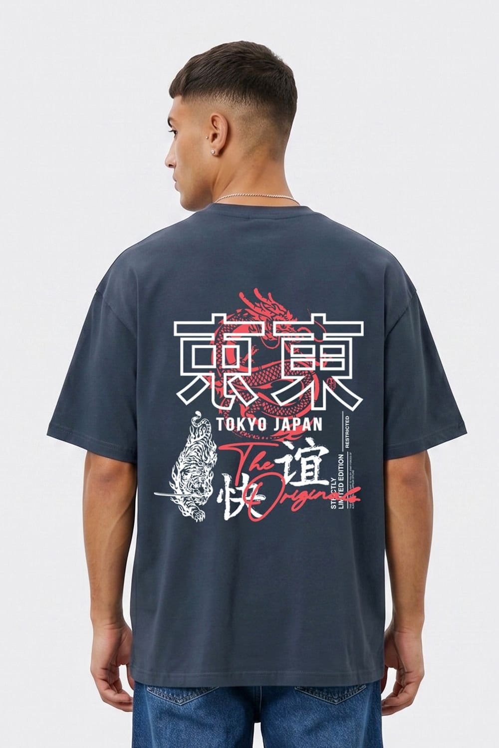LONDON ATTITUDE LONDON ATTITUDE Men's Tokyo Dragon Oversized Heavyweight Cotton T-Shirt in Blue - 4
