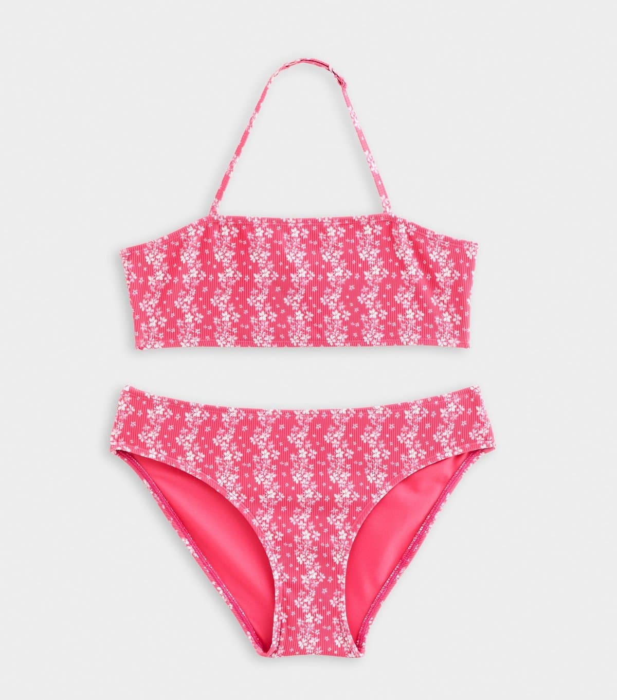New Look Girls' Dark Pink Floral Stripe Bandeau Bikini Top and Bottoms Set New Look