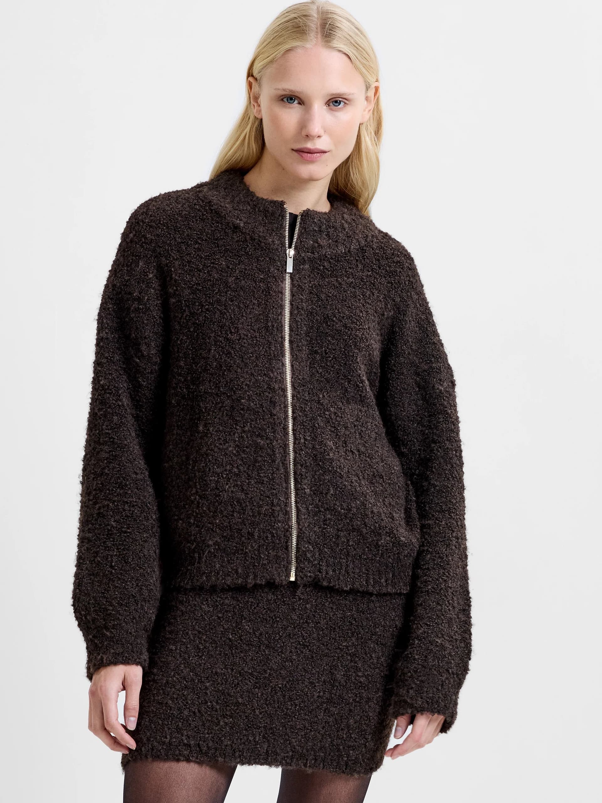 French Connection Renee Boucle Zip Through Cardigan Bitter Chocolate Brown