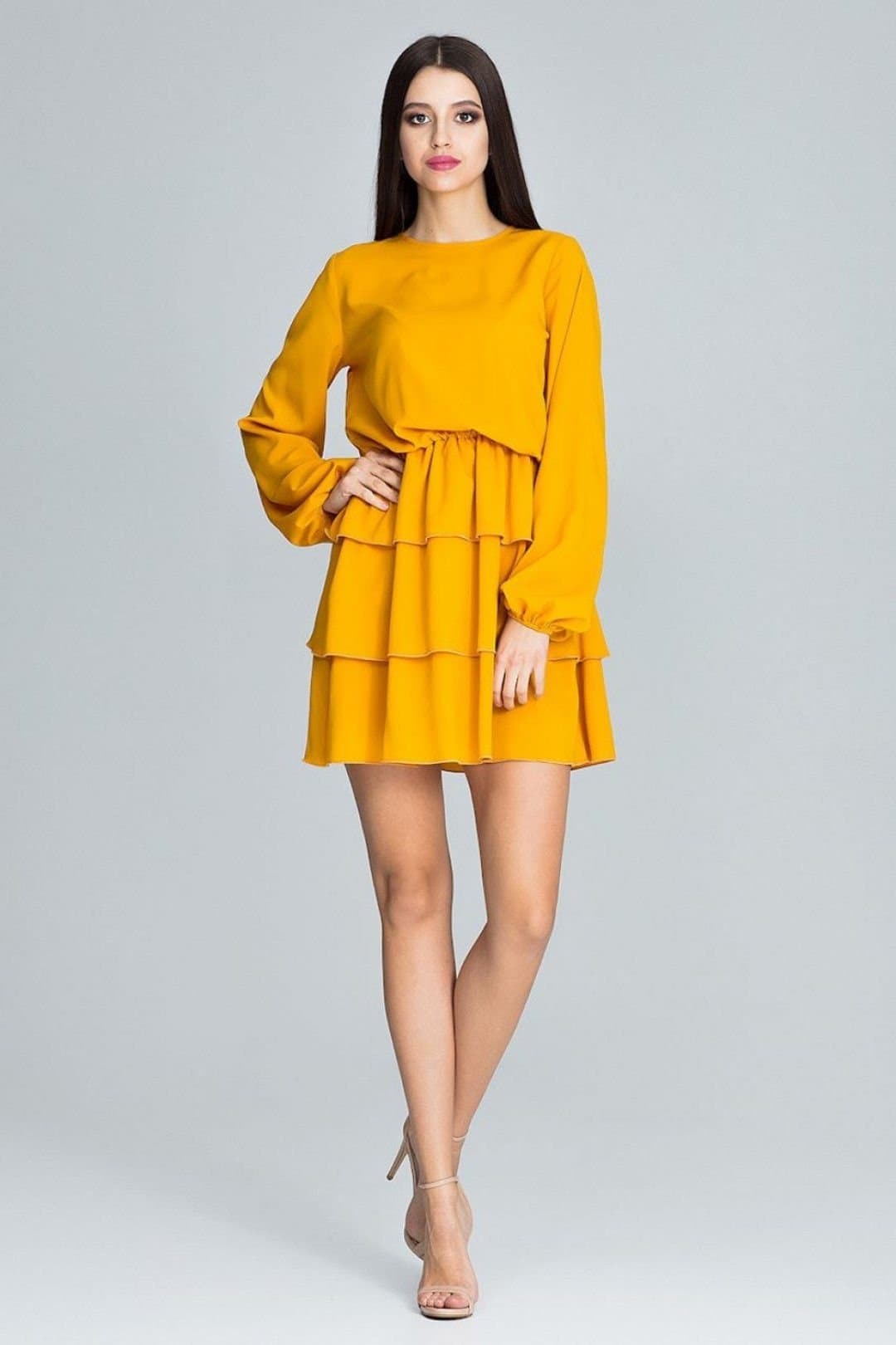 Love Lace Love Lace Women's Long Sleeve Waist Creased Ruffle Dress in Yellow