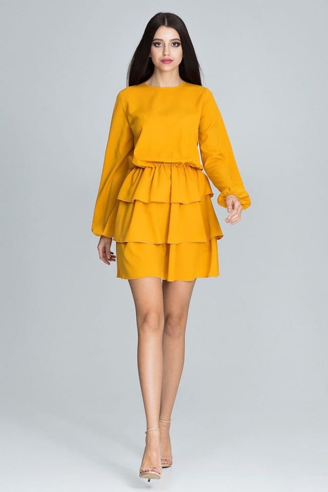 Love Lace Love Lace Women's Long Sleeve Waist Creased Ruffle Dress in Yellow - 2