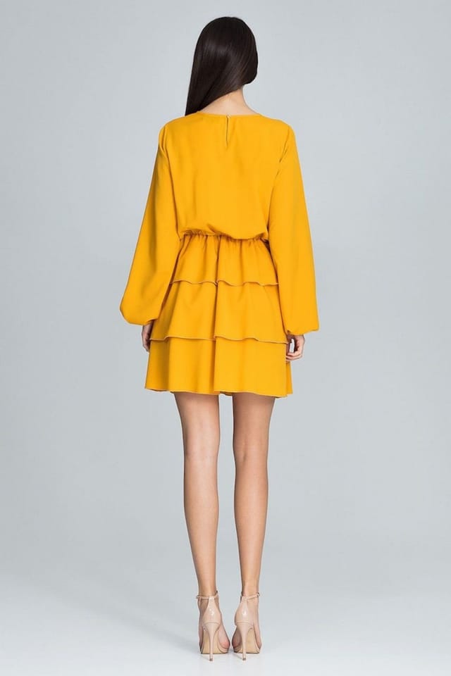 Love Lace Love Lace Women's Long Sleeve Waist Creased Ruffle Dress in Yellow - 3