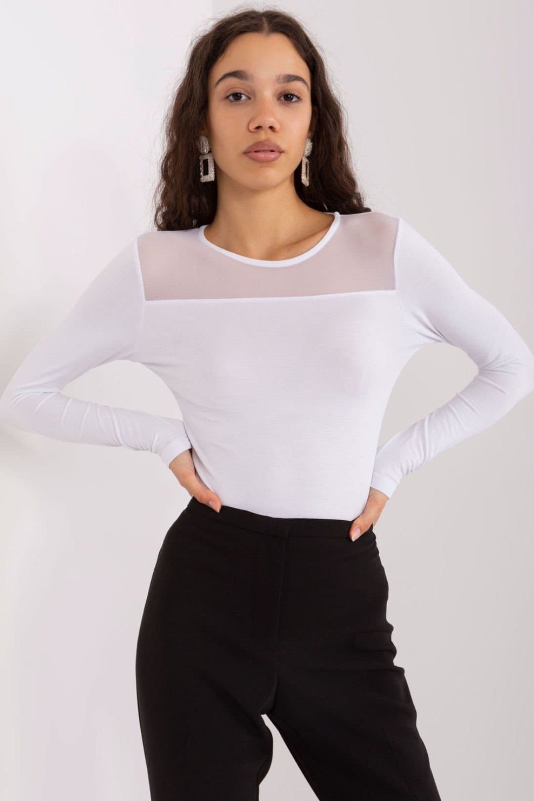 Love Lace Love Lace Women's Elegant Viscose Long Sleeve Round Neck Blouse in White
