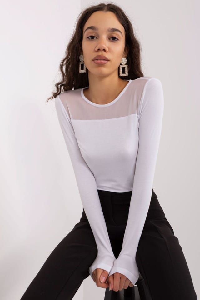 Love Lace Love Lace Women's Elegant Viscose Long Sleeve Round Neck Blouse in White - 2