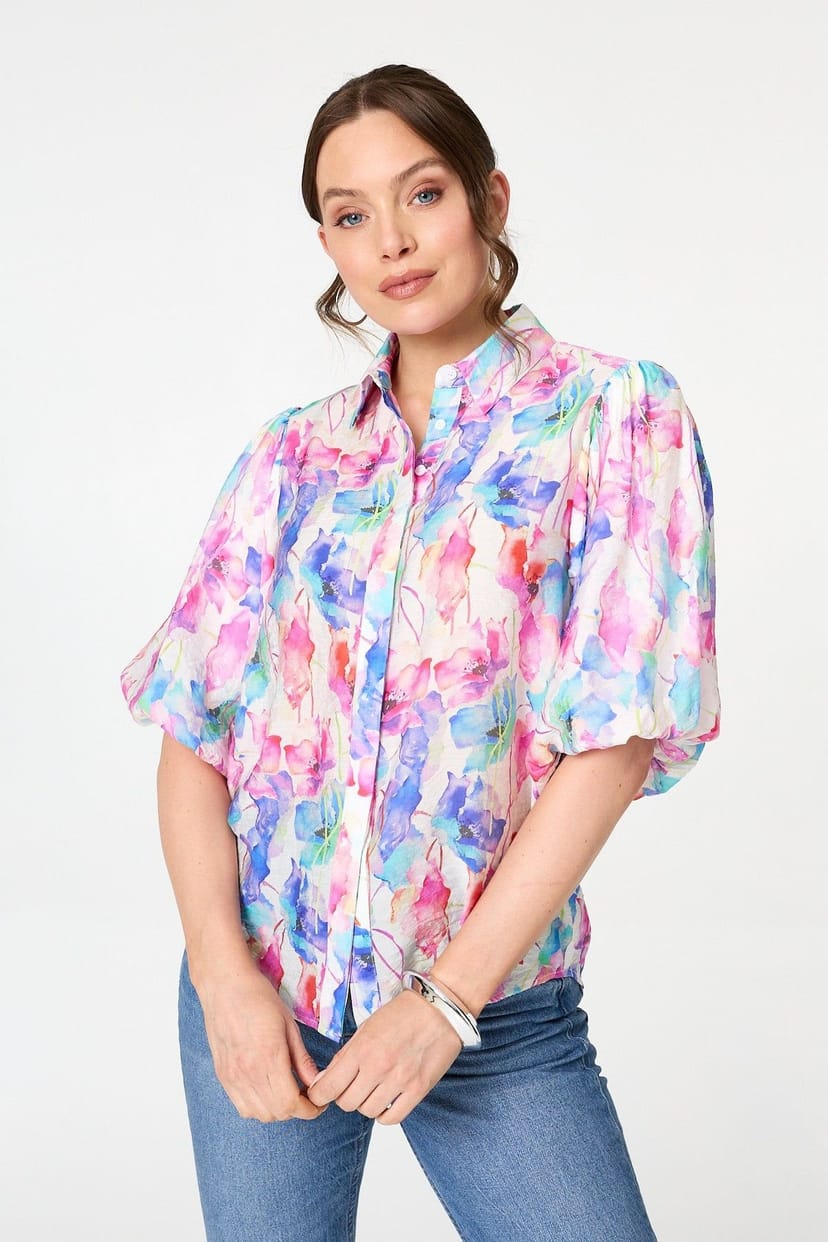 Izabel London Izabel London Women's Abstract 1/2 Puff Sleeve Boxy Blouse in Pink - 1