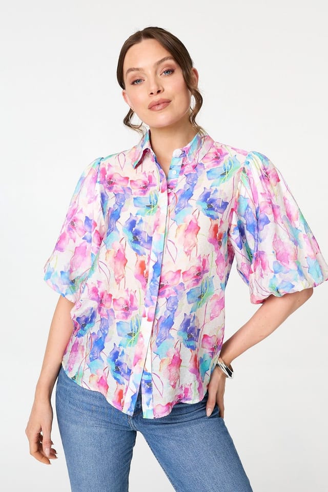 Izabel London Izabel London Women's Abstract 1/2 Puff Sleeve Boxy Blouse in Pink - 2