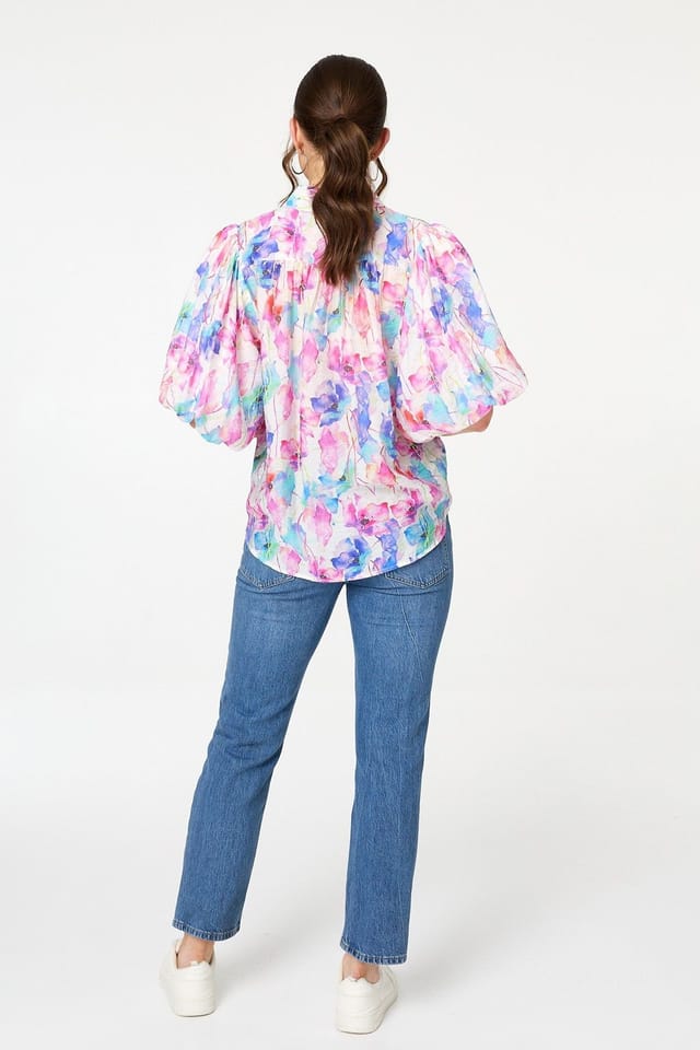 Izabel London Izabel London Women's Abstract 1/2 Puff Sleeve Boxy Blouse in Pink - 3