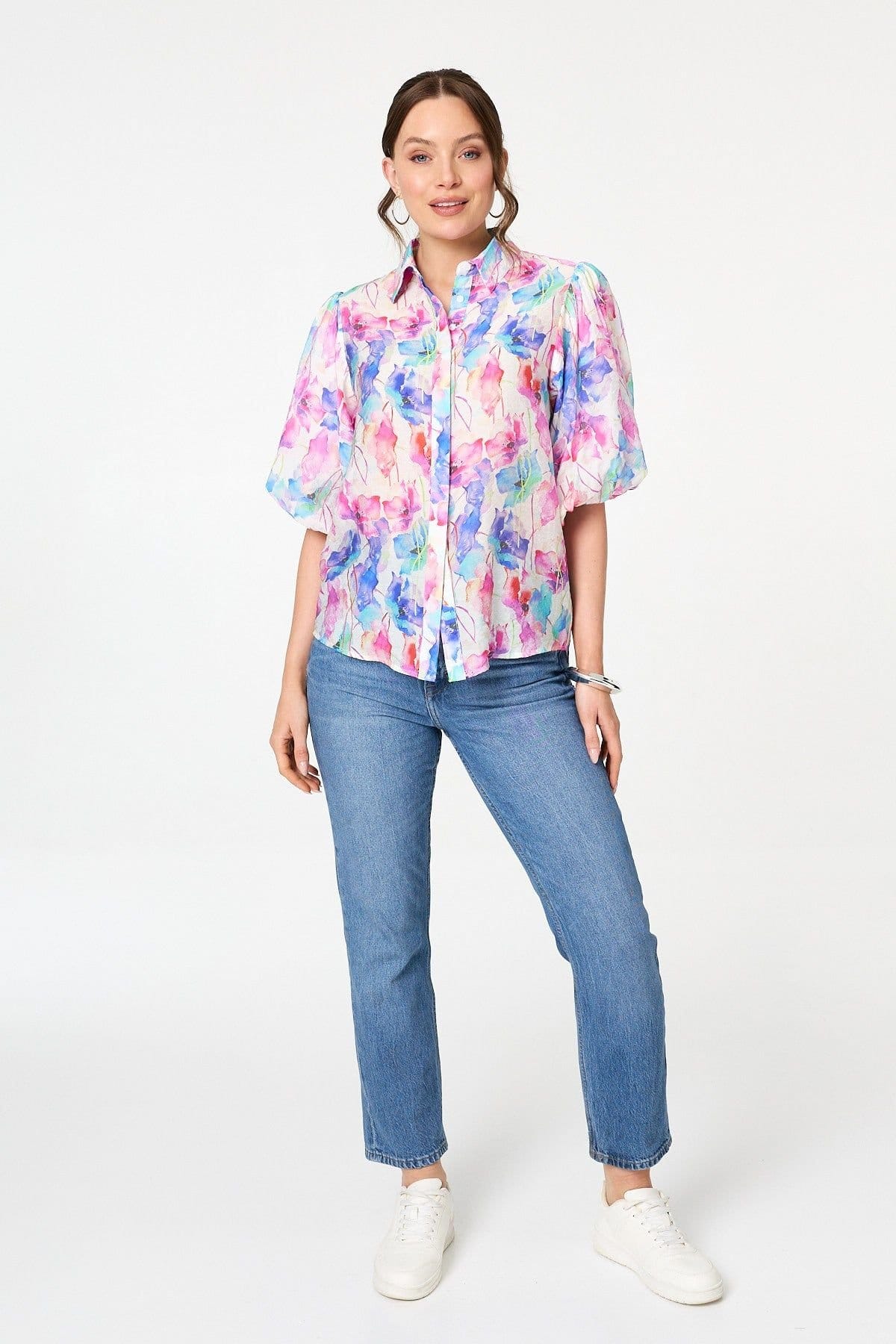 Izabel London Izabel London Women's Abstract 1/2 Puff Sleeve Boxy Blouse in Pink - 4