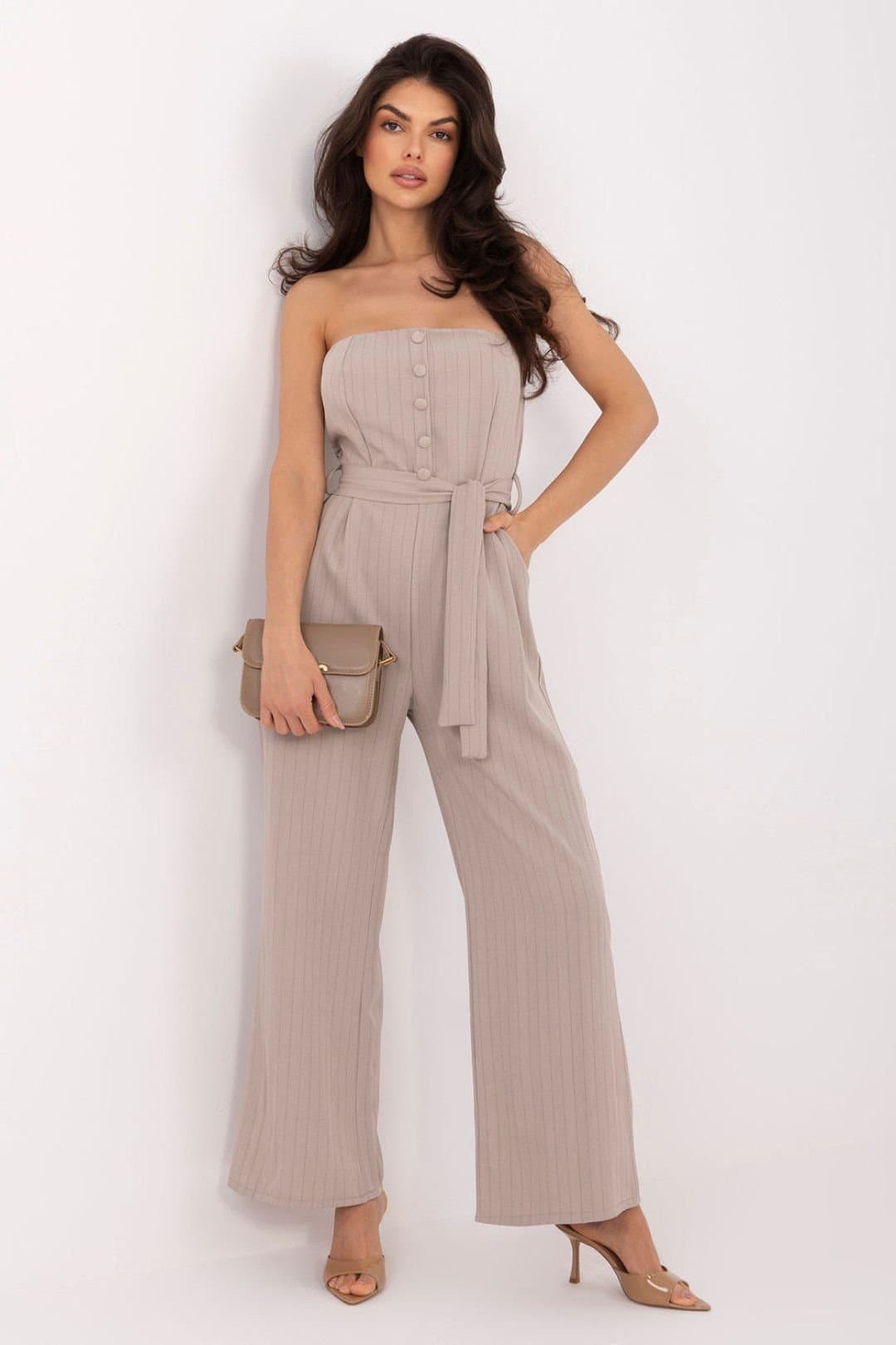 Love Lace Love Lace Women's Striped Wrap Waist Jumpsuit with Pockets in Beige