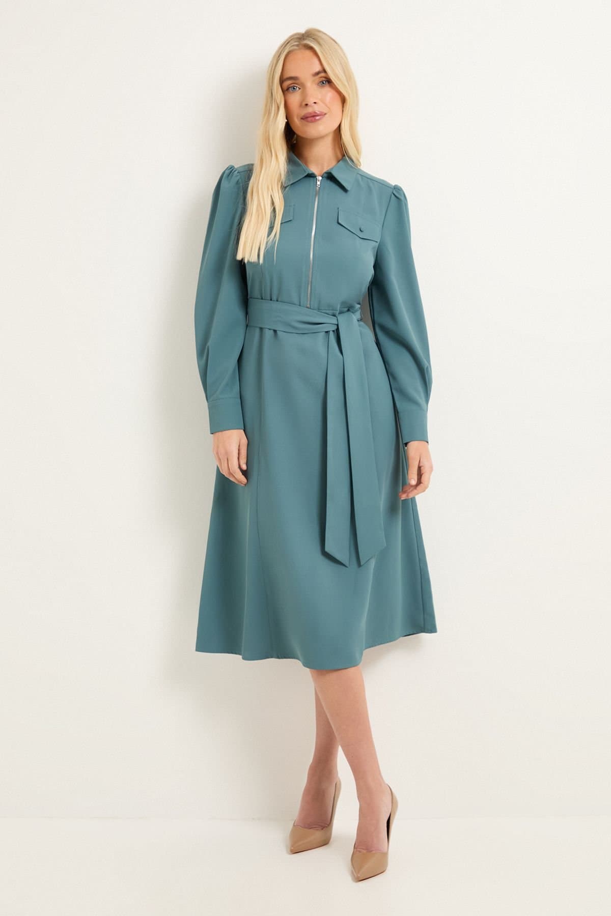 Wallis Wallis Women's Petite Zip Front Crepe Shirt Midi Dress in Turquoise