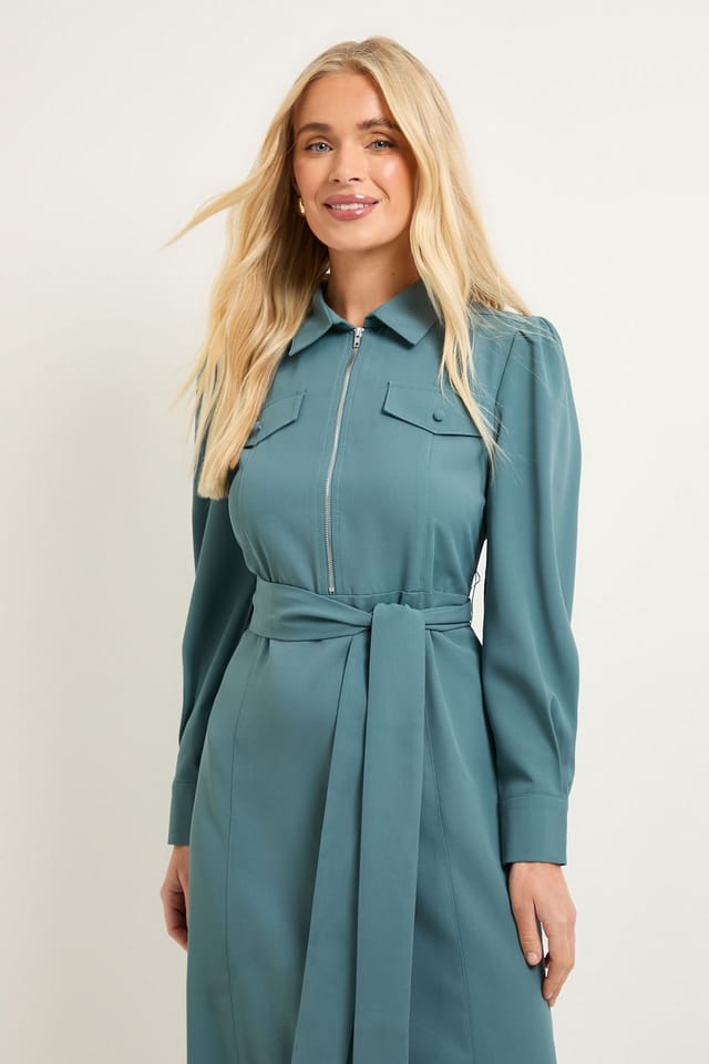 Wallis Wallis Women's Petite Zip Front Crepe Shirt Midi Dress in Turquoise - 2