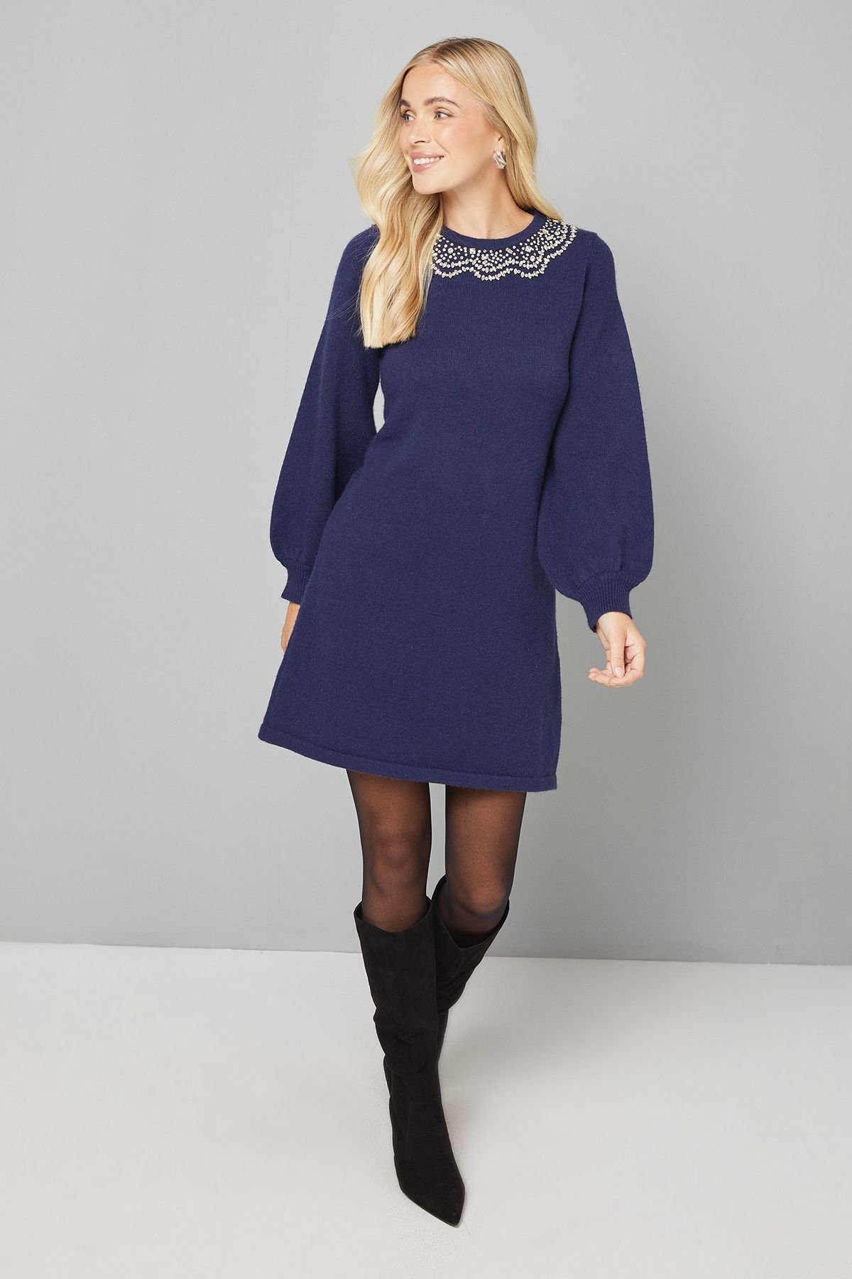 Wallis Wallis Women's Petite Navy Embellished Knitted Shift Dress - 4