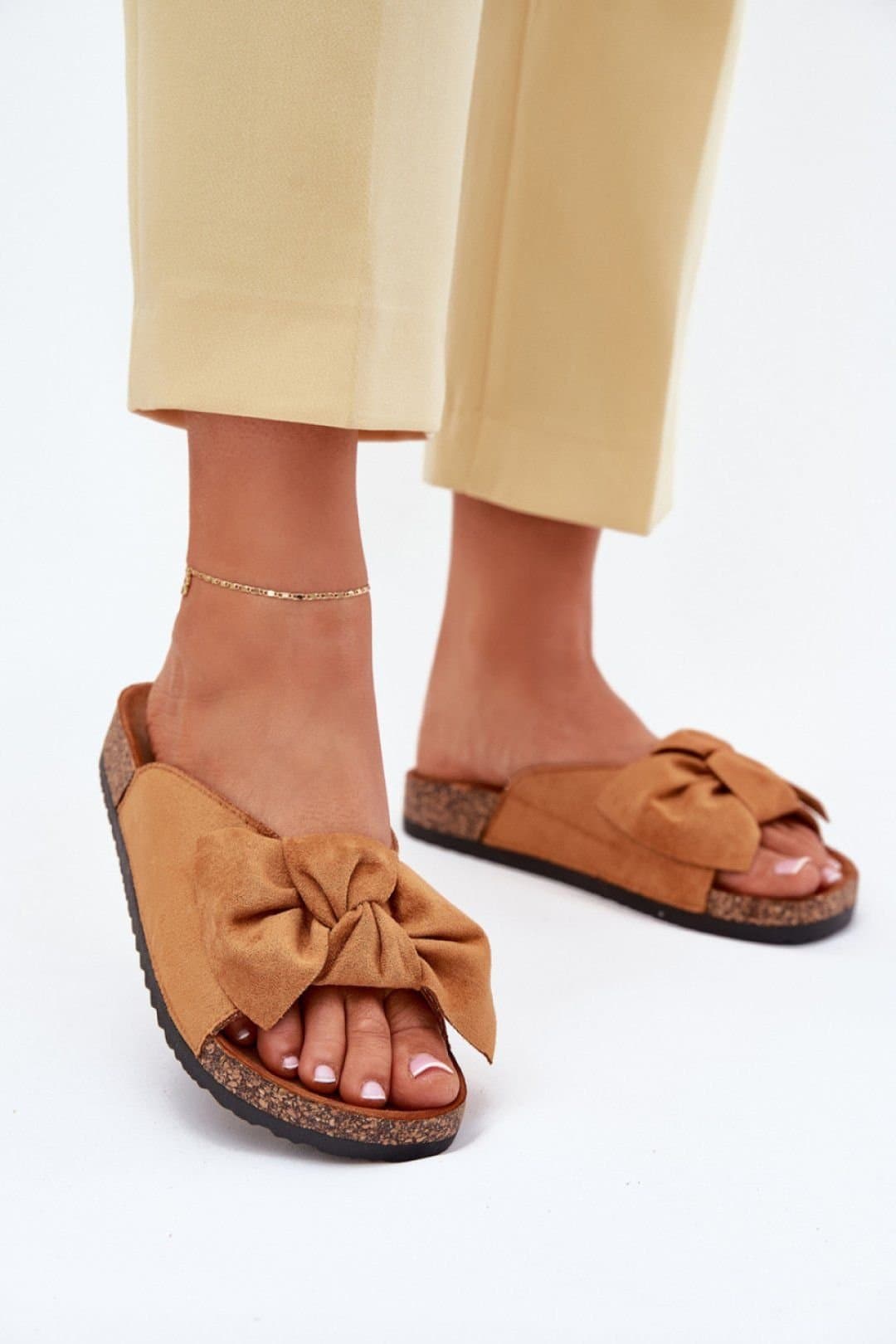 Love Lace Love Lace Women's Faux Suede Bow Detail Cork Sole Contoured Footbed Sandals in Brown