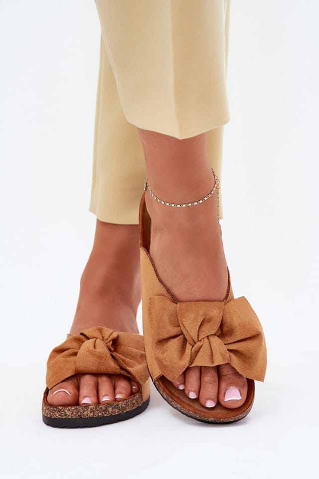 Love Lace Love Lace Women's Faux Suede Bow Detail Cork Sole Contoured Footbed Sandals in Brown - 3