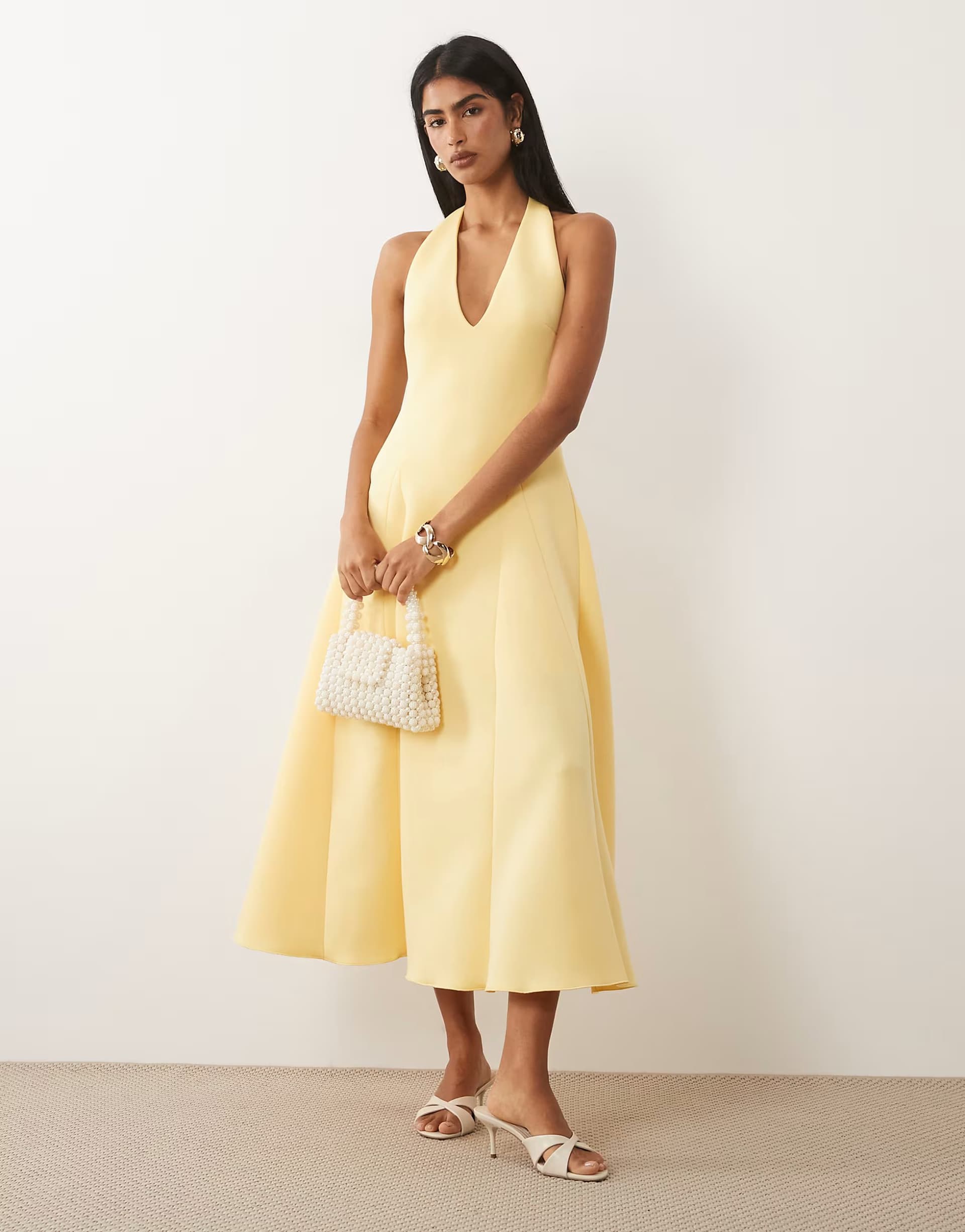 ASOS ASOS DESIGN plunge neck structured full skirt midi dress in yellow scuba-style fabric