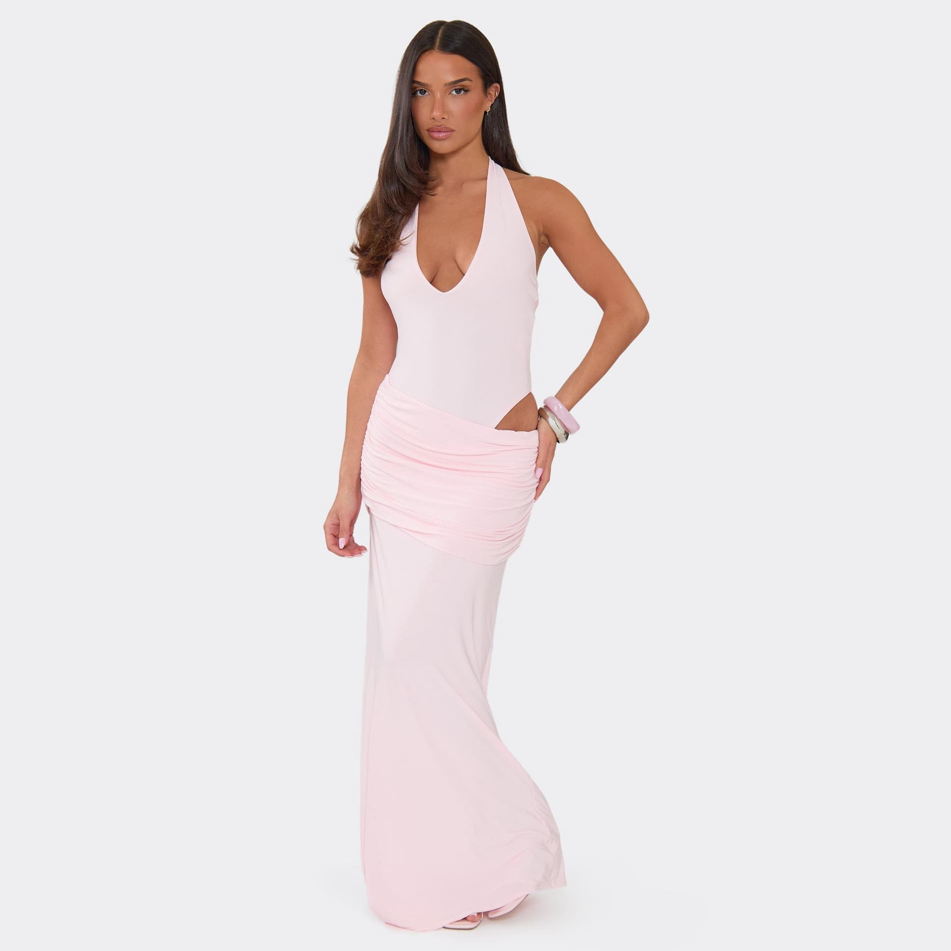 EGO Plunge Bodysuit Detail Ruched Maxi Dress In Pink, Women's Size UK 8