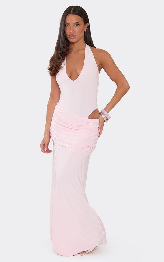 EGO Plunge Bodysuit Detail Ruched Maxi Dress In Pink, Women's Size UK 8 - 2