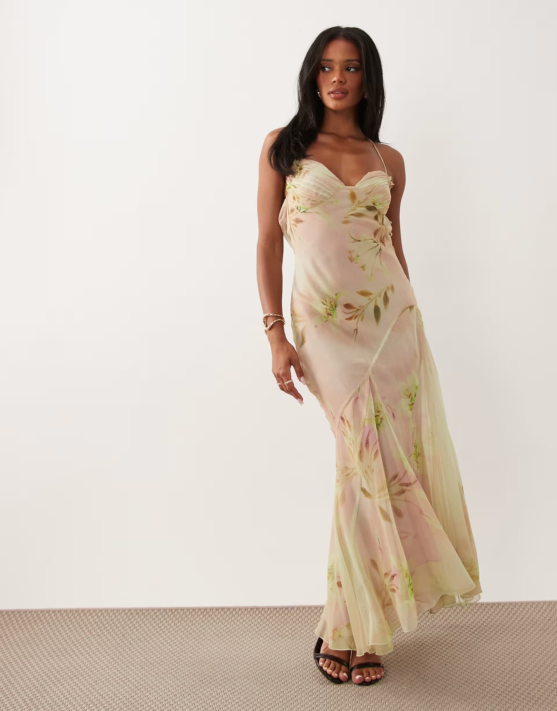 ASOS ASOS DESIGN floral print leaf cami strap maxi dress in pastel pink & green