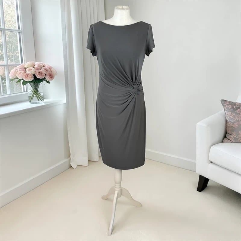Roman UK 12 Roman Charcoal Ruched Stretch Midi Dress Short Sleeve Twist Waist Jersey Dress