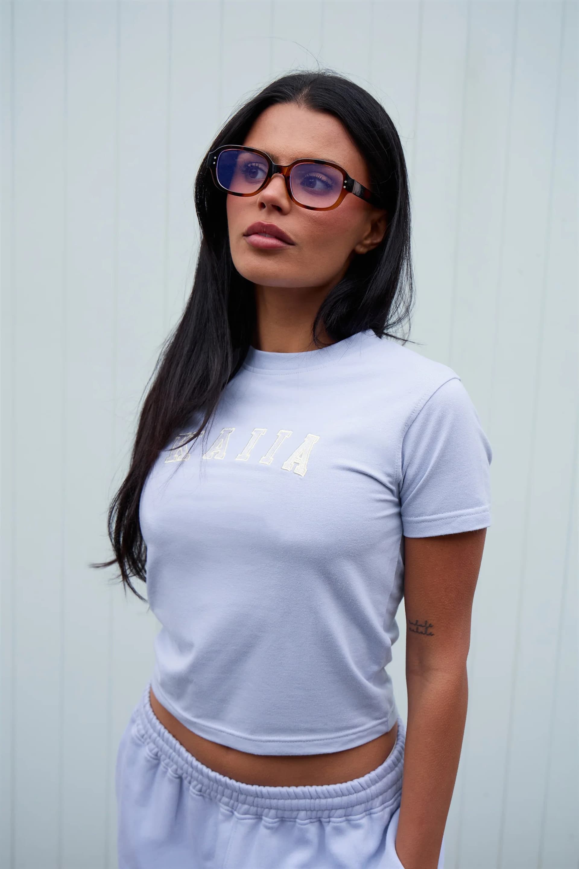 Kaiia Kaiia Slogan Baby Tee Soft Blue & White