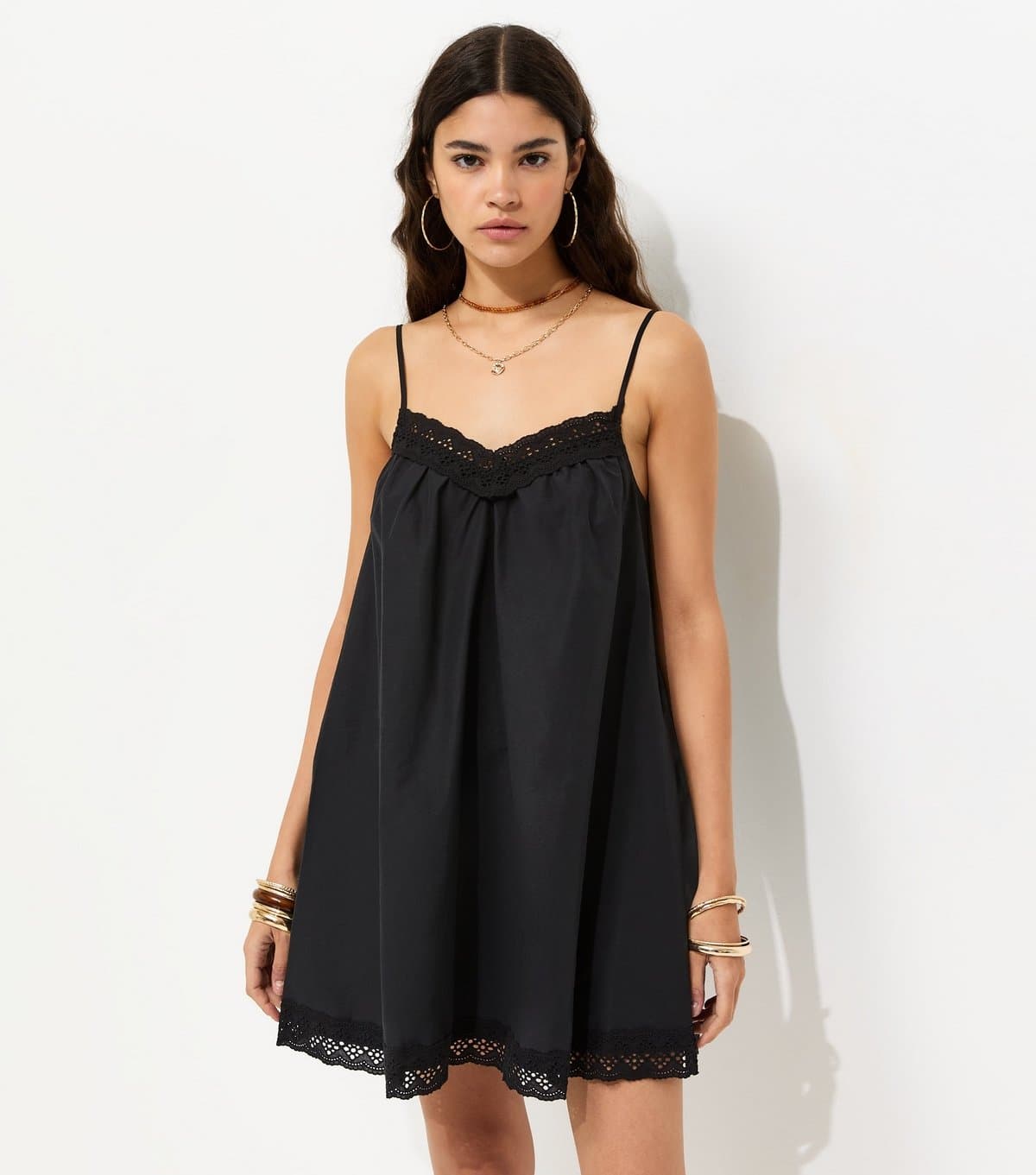 New Look Women's Black Cotton Rich Lace Trim Strappy Smock Mini Dress New Look