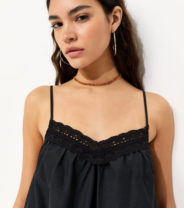 New Look Women's Black Cotton Rich Lace Trim Strappy Smock Mini Dress New Look - 2