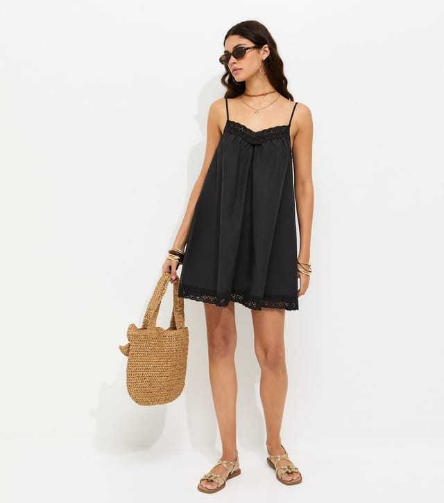 New Look Women's Black Cotton Rich Lace Trim Strappy Smock Mini Dress New Look - 3
