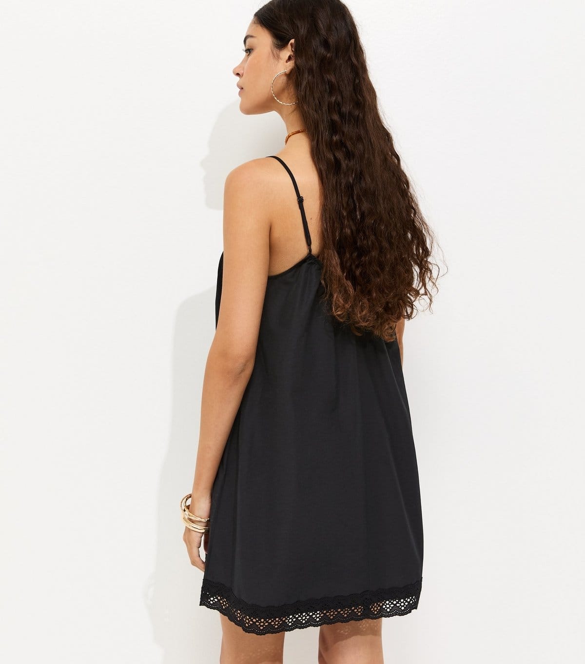 New Look Women's Black Cotton Rich Lace Trim Strappy Smock Mini Dress New Look - 4